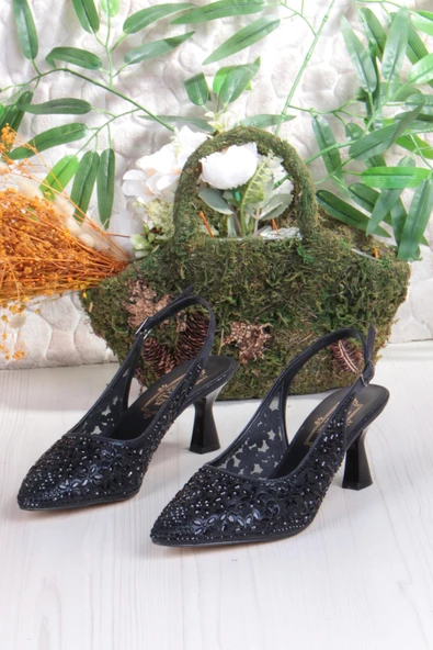 Fort 5320 Jena Dantelli Taşlı Arkası Açık Topuklu Kadın Ayakkabı - Resim 6