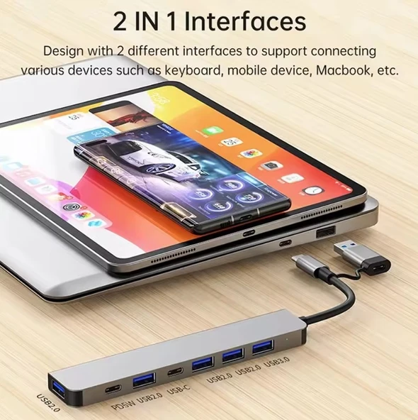 1 TO 7 USB Çoğaltıcı Çoklayıcı USB Type-C Hub Port Adaptör - 5