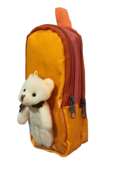 çanta tipi  maskotlu çift bölmeli kalemlik turuncu 1 adet - Resim 2