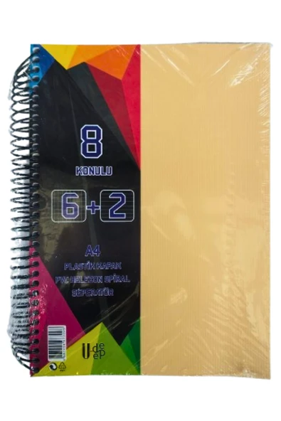 a4 boy 6+2 ayraçlı defter dersane defteri (6 kareli 2 çizgili ) 200 yaprak 8 bölümlü udep - 1