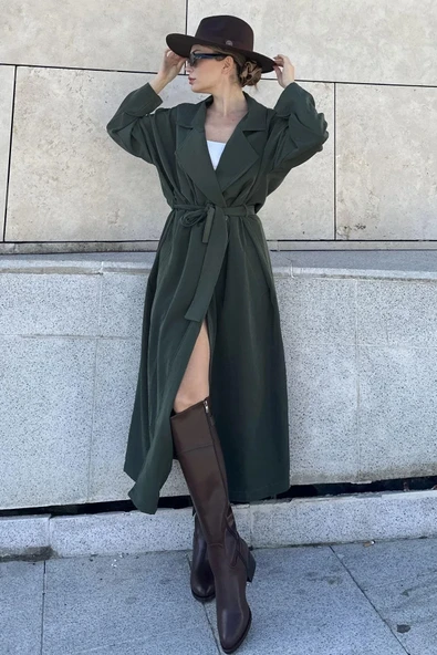 New Laviva Kadın Haki Uzun Owersıze Cepli Trençkot- 700-3335 - Resim 4