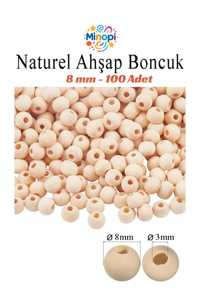 Minopi Natural Ahşap Boncuk 8 mm 100 Adet Tahta Boncuk El İşi Okul Öncesi Kreş Anasınıfı Proje Tasarım
