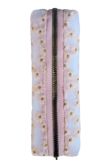 tek bölmeli çiçek işlemeli file kalemlik transparan pembe 1 adet - Resim 2