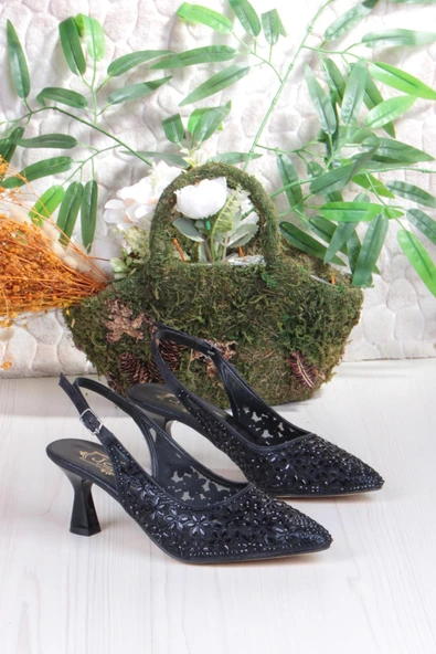 Fort 5320 Jena Dantelli Taşlı Arkası Açık Topuklu Kadın Ayakkabı - Resim 5