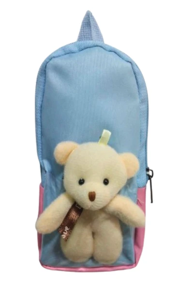 çanta tipi  maskotlu çift bölmeli kalemlik maviye pembe fermuarlı ürün görseli 1