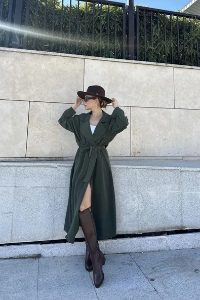 New Laviva Kadın Haki Uzun Owersıze Cepli Trençkot- 700-3335 ürün görseli