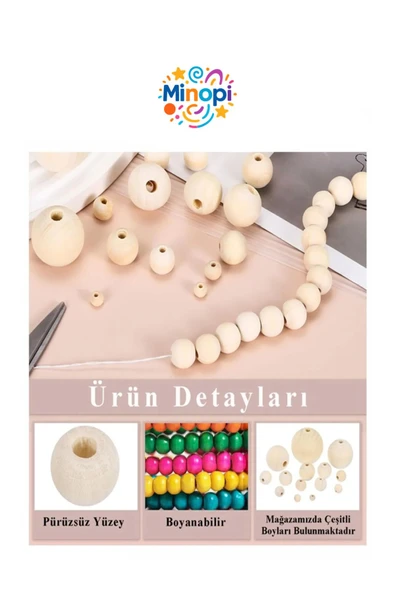 Minopi Natural Ahşap Boncuk 8 mm 100 Adet Tahta Boncuk El İşi Okul Öncesi Kreş Anasınıfı Proje Tasarım - 3