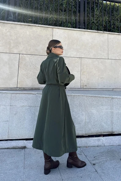 New Laviva Kadın Haki Uzun Owersıze Cepli Trençkot- 700-3335 - Resim 2