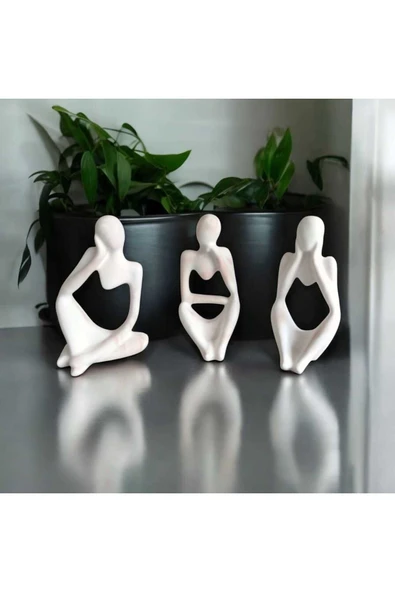 Ar Armese Mermer Görünümlü Düşünen İnsan Figürü 3’lü Set - Dekoratif - Modern Porselen Tozu Obje - 12.5 cm - 3