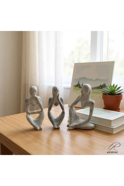 Ar Armese Mermer Görünümlü Düşünen İnsan Figürü 3’lü Set - Dekoratif - Modern Porselen Tozu Obje - 12.5 cm - Resim 2