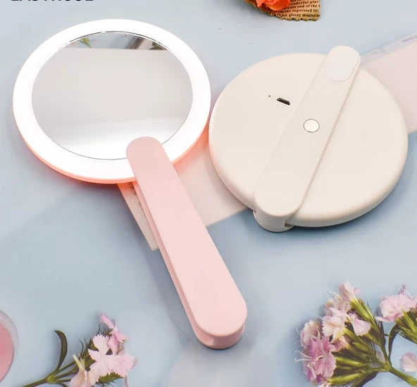 KATLANABİLİR PEMBE RENK EL TİPİ IŞIKLI LED TAŞINABİLİR MAKYAJ AYNASI