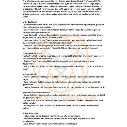 CEYLAN ADAM Isı Ayarlamalı Fön Için Difüzör Vigo Başlık Dönerli Profesyonel - Resim 5