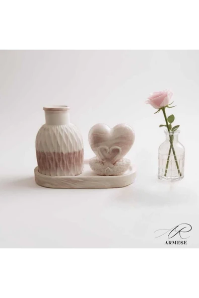 Ar Armese 3'lü Mermer Görünümlü Dekoratif Set ,Porselen Tozu, Kalpli Kuğu Figürü, Vazo ve Tepsi , Obje, Biblo - Resim 3