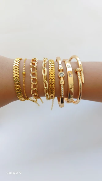 Altın Kaplama Gold  çiviZirkon Taşlı Kararmaz Kombin BileklikAltın Kaplama Kadın Lüks Trend Kartier Kombin Bileklik - 3