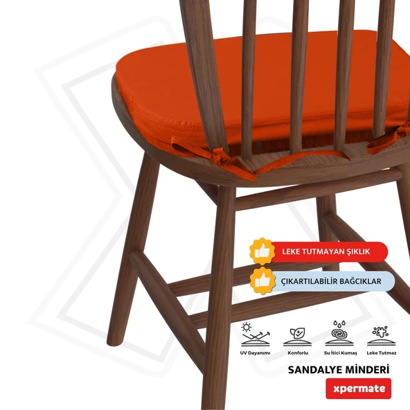XPERMATE StandartFit Oval Sandalye Minderi Fermuarlı Yıkanabilir Kılıf Bağcıklı Su ve Yağ İtici 42x42x5 Kiremit - Resim 2