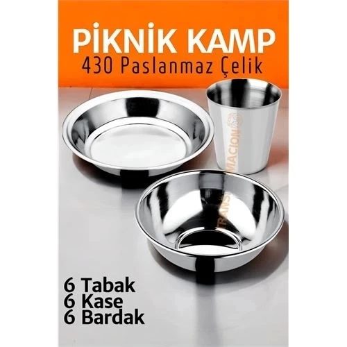 CEYLAN ADAM Paslanmaz Çelik Tabak Kase Bardak Seti Kamp Piknik Seti 18 adet