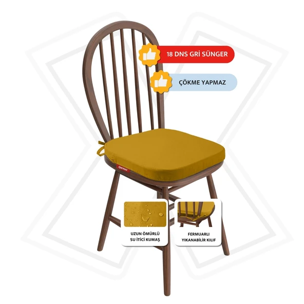 XPERMATE StandartFit Oval Sandalye Minderi Fermuarlı Yıkanabilir Kılıf Bağcıklı Su ve Yağ İtici 42x42x5 Hardal - Resim 2
