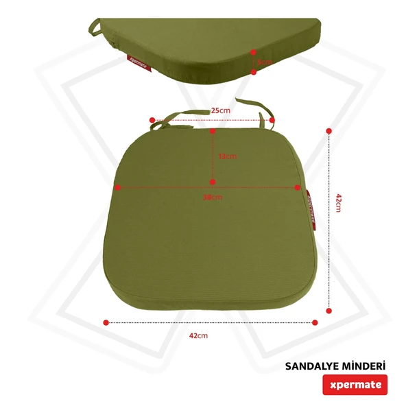 XPERMATE StandartFit Oval Sandalye Minderi Fermuarlı Yıkanabilir Kılıf Bağcıklı Su ve Yağ İtici 42x42x5 Yeşil - Resim 5