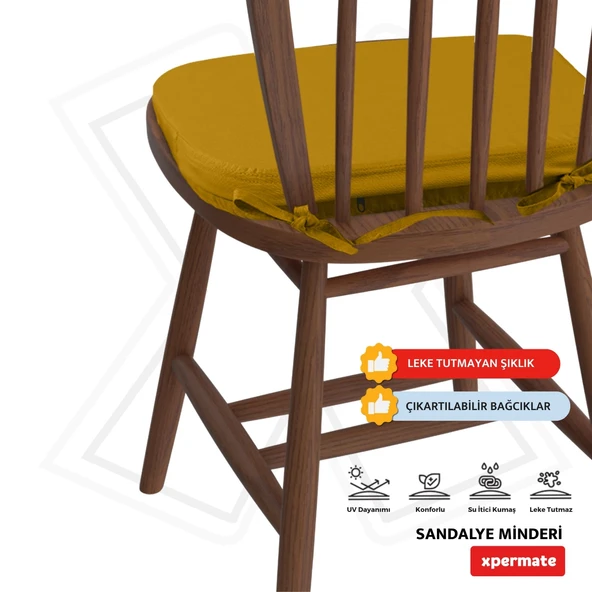 XPERMATE StandartFit Oval Sandalye Minderi Fermuarlı Yıkanabilir Kılıf Bağcıklı Su ve Yağ İtici 42x42x5 Hardal - Resim 3
