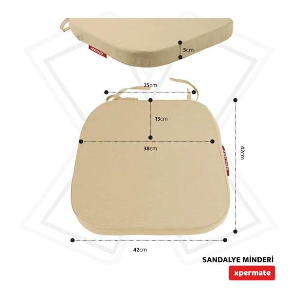 XPERMATE StandartFit Oval Sandalye Minderi Fermuarlı Yıkanabilir Kılıf Bağcıklı Su ve Yağ İtici 42x42x5 Bej - Resim 5