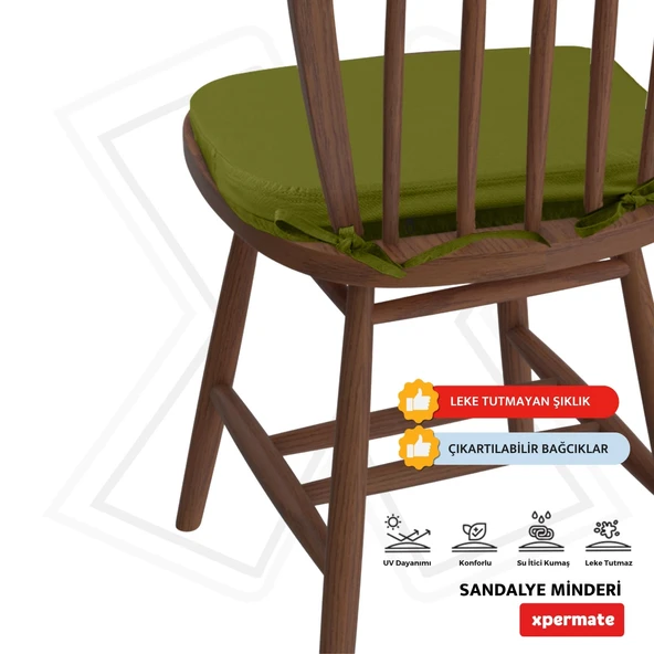 XPERMATE StandartFit Oval Sandalye Minderi Fermuarlı Yıkanabilir Kılıf Bağcıklı Su ve Yağ İtici 42x42x5 Yeşil - Resim 3
