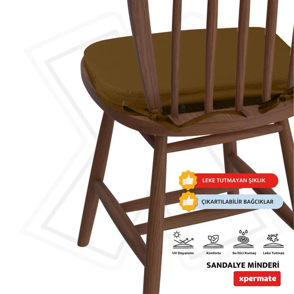 XPERMATE StandartFit Oval Sandalye Minderi Fermuarlı Yıkanabilir Kılıf Bağcıklı Su ve Yağ İtici 42x42x5 Kahve - Resim 2