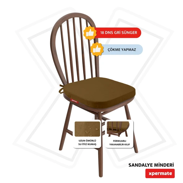 XPERMATE StandartFit Oval Sandalye Minderi Fermuarlı Yıkanabilir Kılıf Bağcıklı Su ve Yağ İtici 42x42x5 Kahve - Resim 3