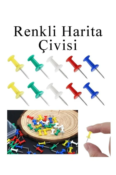 harita çivisi renkli başlık 100 adet - mantar pano çivisi - Resim 2