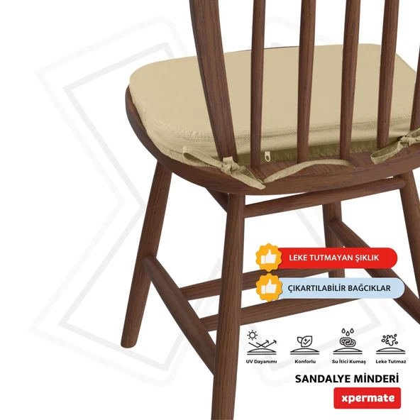 XPERMATE StandartFit Oval Sandalye Minderi Fermuarlı Yıkanabilir Kılıf Bağcıklı Su ve Yağ İtici 42x42x5 Bej - Resim 3