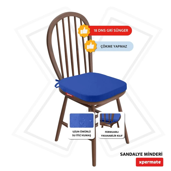 XPERMATE StandartFit Oval Sandalye Minderi Fermuarlı Yıkanabilir Kılıf Bağcıklı Su ve Yağ İtici 42x42x5 Mavi - Resim 2