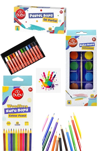 bubu 3 lü boyama seti kuru-sulu ve pastel boyama seti 12 şer renk ürün görseli 1