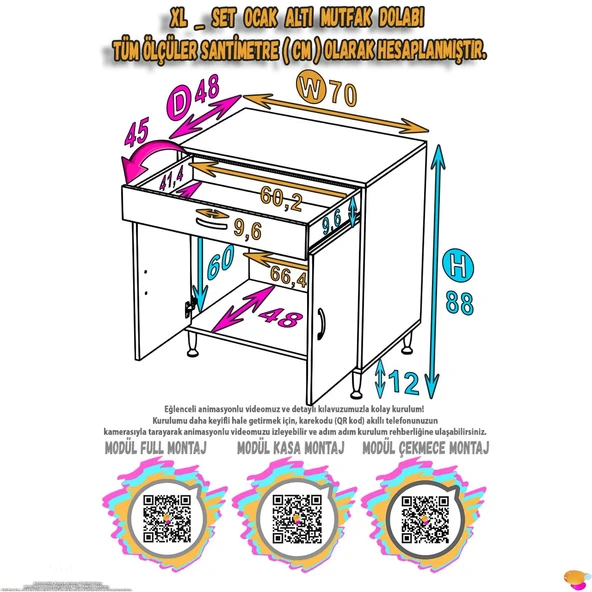 Modilayn DOQU (XL) Set Ocak Altı Dolap 70x88x48 cm 1 Çekmece 2 Kapaklı ve 1 Gözlü Tüp Bölmelidir - 5