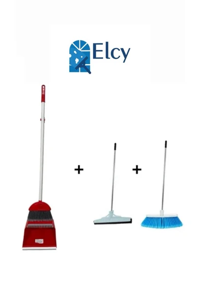 ELCY 3 Lü Temizlik Seti Metal Saplı Fırça Çekpas Çekçek Lux Katlanabilir Faraş