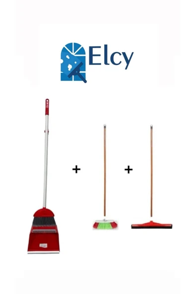 ELCY 3 Lü Temizlik Seti Ahşap Saplı Fırça Çekpas Çekçek Lux Katlanabilir Faraş