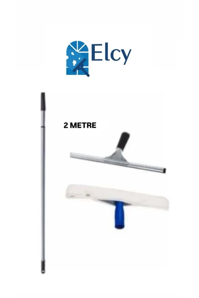 ELCY Cam Temizlik Seti 2 Metre Teleskopik Uzayabilen Metal Sap 35 Cm Cam Peluş Ve Cam Çekçeği