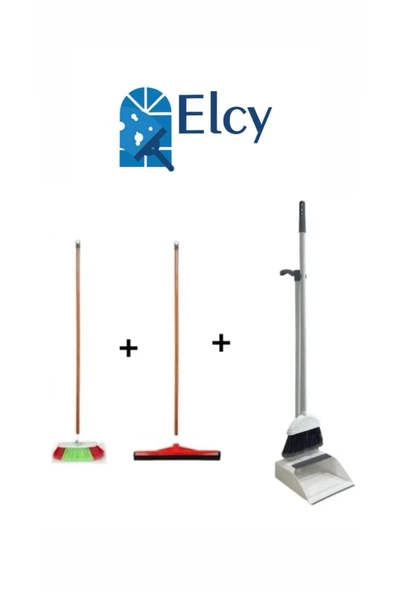 ELCY 3 Lü Temizlik Seti Ahşap Saplı Fırça Çekpas Çekçek Lux Katlanabilir Faraş