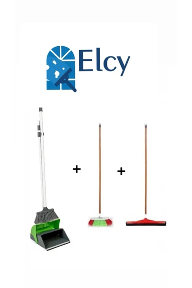 ELCY 3 Lü Temizlik Seti Ahşap Saplı Fırça Çekpas Çekçek Lux Katlanabilir Faraş