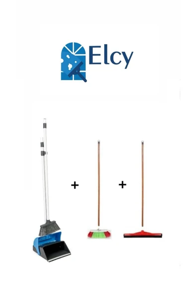 ELCY 3 Lü Temizlik Seti Ahşap Saplı Fırça Çekpas Çekçek Lux Katlanabilir Faraş