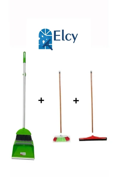 ELCY 3 Lü Temizlik Seti Ahşap Saplı Fırça Çekpas Çekçek Lux Katlanabilir Faraş