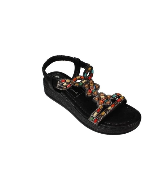 YAZKIŞ Kadın Siyah Ten Üzeri Taşlı Bileği Lastikli 4cm  Rahat Taban Sandalet - 2