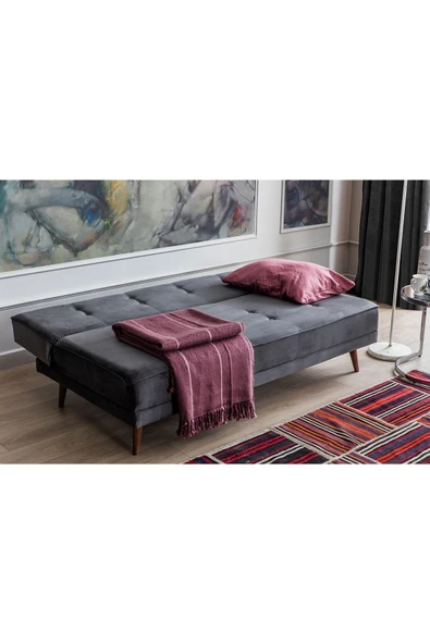 Perla Sofa   RETRO KOLSUZ YATAKLI KANEPE ANTRASİT - Resim 3