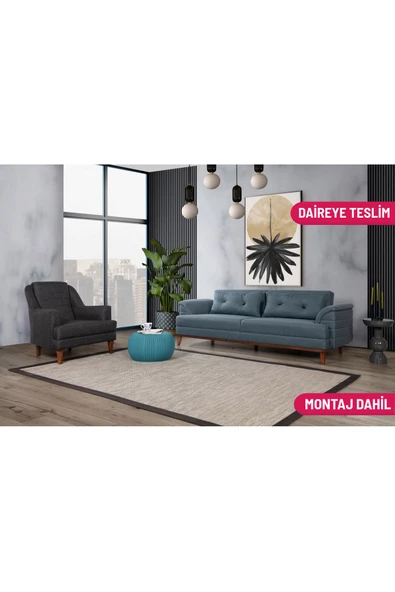 Perla Sofa   Madrid Koltuk Takımı Keten Mavi Kazayağı