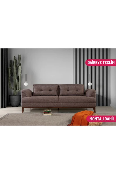 Perla Sofa Madrid Üçlü Yataklı Kanepe Keten Kahve
