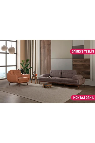 Perla Sofa NELSON YATAKLI KOLTUK TAKIMI KETEN KAHVE