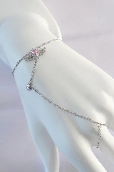 CEYLAN ADAM 316L Çelik Gümüş Renk Pembe Zirkon Taşlı Kanatlı Kalp Model Şahmeran ürün görseli