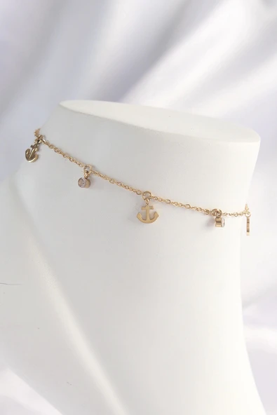 CEYLAN ADAM 316L Çelik Gold Renk Zirkon Taşlı Minimal Çapa Tasarımlı Halhal ürün görseli 1