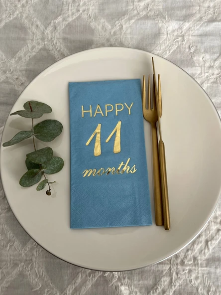 Gold Yaldızlı Mavi Happy 11 Yaş Months Garson Katlama Peçete 16 Adet ürün görseli 1