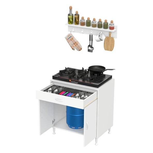 Modilayn DOQU (XL) Set Ocak Altı Dolap 70x88x48 cm, Çekmeceli, Kapaklı, Tüp Bölmeli Ve Baharat Raflı - 7