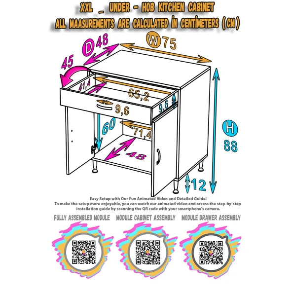 Modilayn DOQU (XXL) Set Ocak Altı Dolap 75x88x48 cm 1 Çekmece 2 Kapaklı ve 1 Gözlü Tüp Bölmelidir - 6