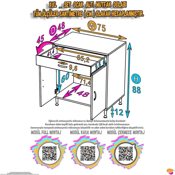 Modilayn DOQU (XXL) Set Ocak Altı Dolap 75x88x48 cm 1 Çekmece 2 Kapaklı ve 1 Gözlü Tüp Bölmelidir - 5